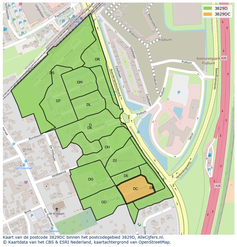 Afbeelding van het postcodegebied 3829 DC op de kaart.