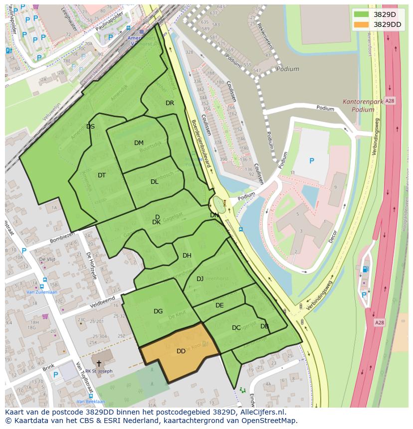 Afbeelding van het postcodegebied 3829 DD op de kaart.
