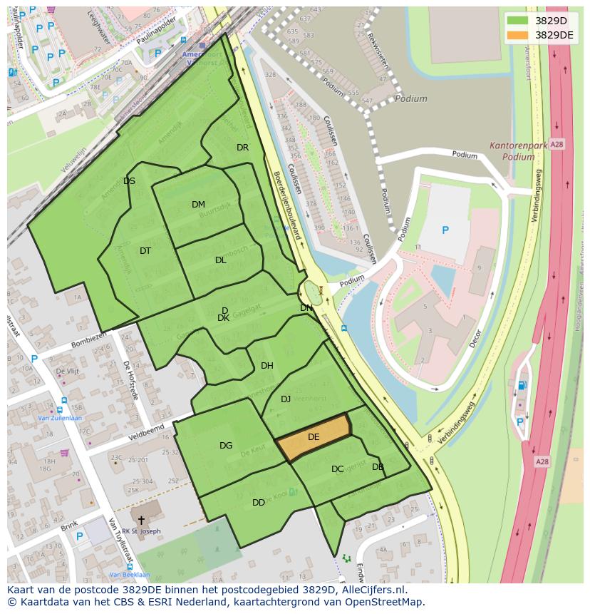Afbeelding van het postcodegebied 3829 DE op de kaart.