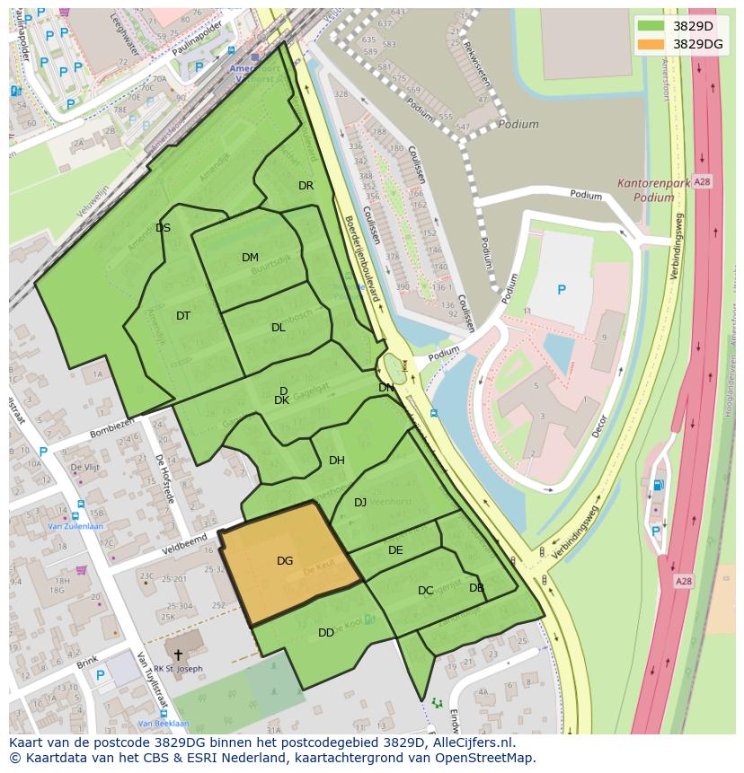 Afbeelding van het postcodegebied 3829 DG op de kaart.
