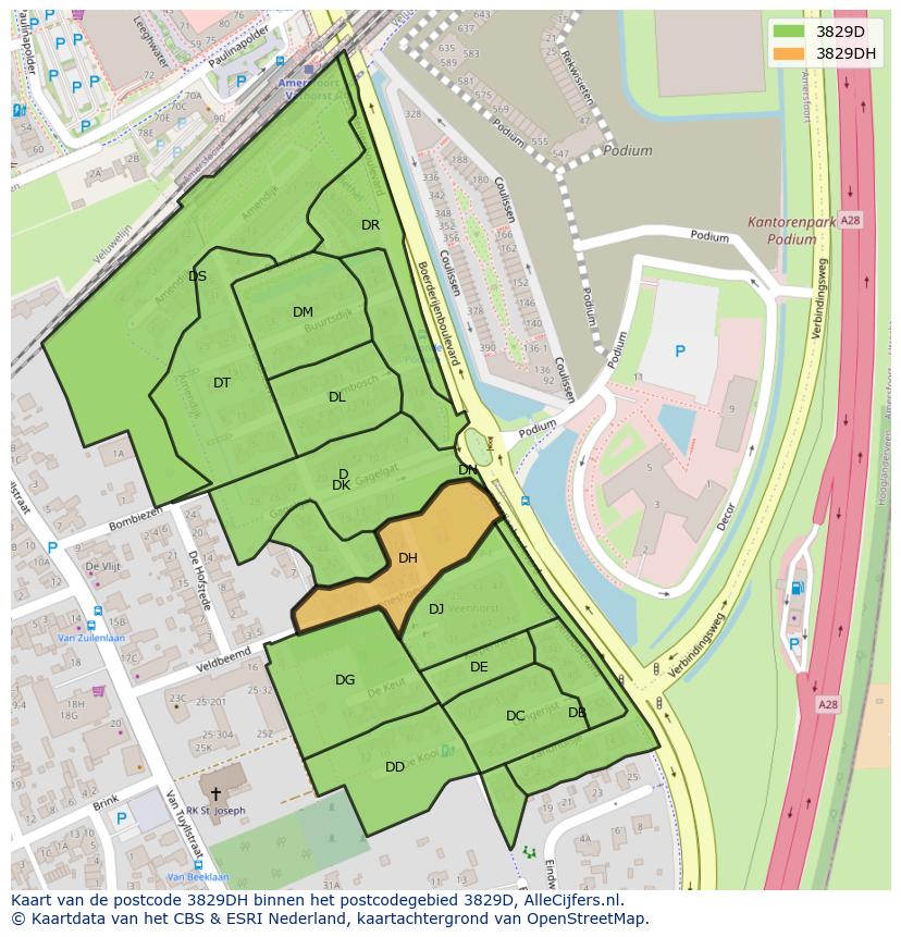 Afbeelding van het postcodegebied 3829 DH op de kaart.