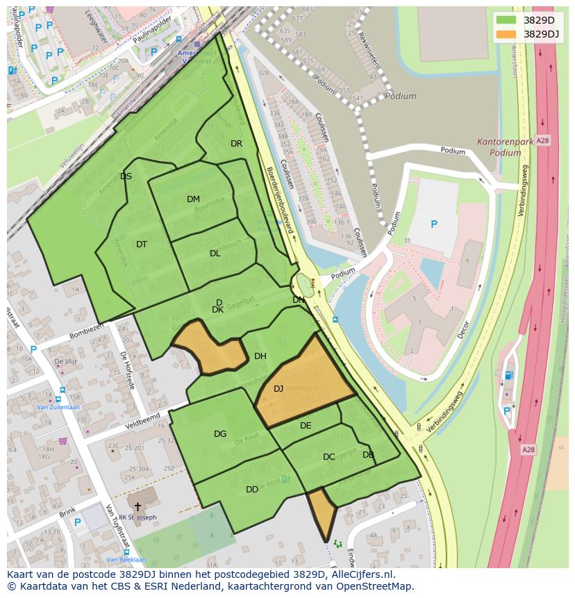 Afbeelding van het postcodegebied 3829 DJ op de kaart.