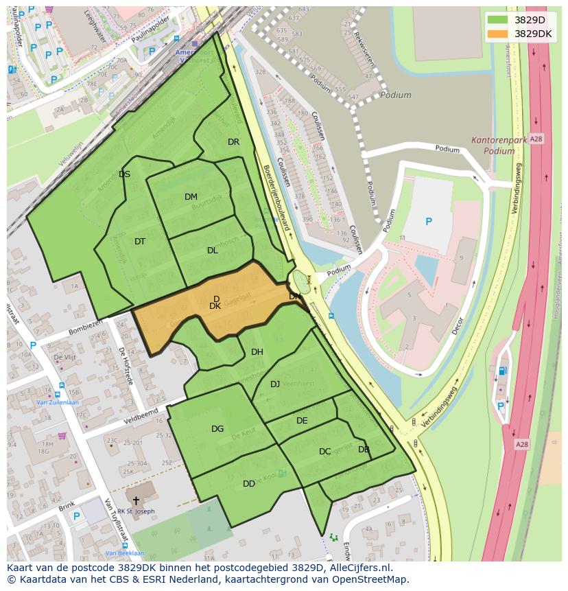 Afbeelding van het postcodegebied 3829 DK op de kaart.