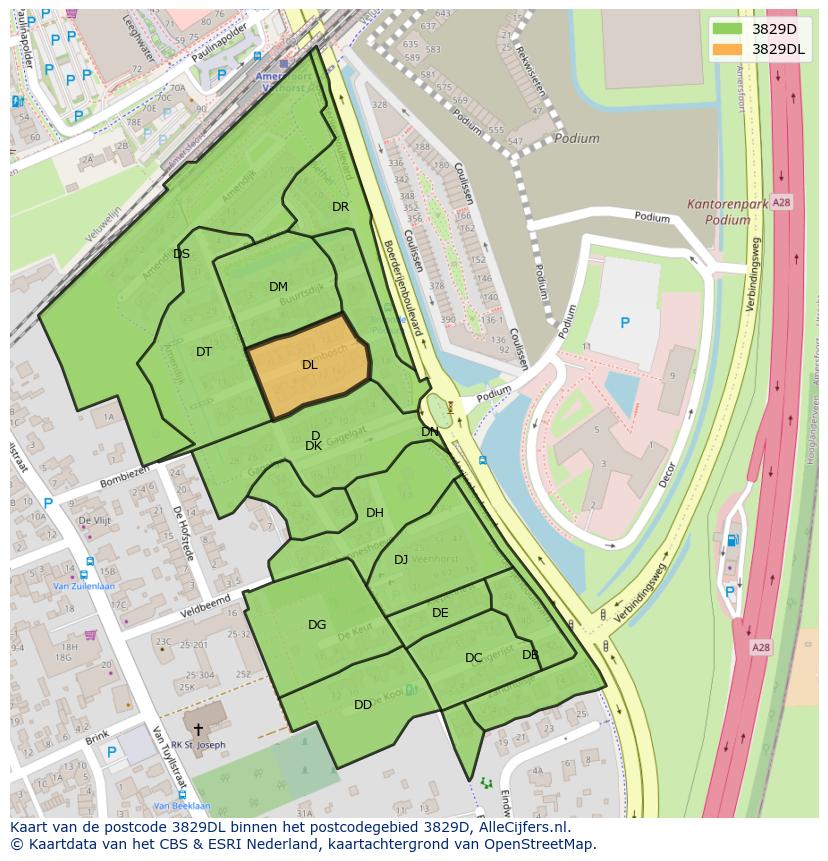 Afbeelding van het postcodegebied 3829 DL op de kaart.
