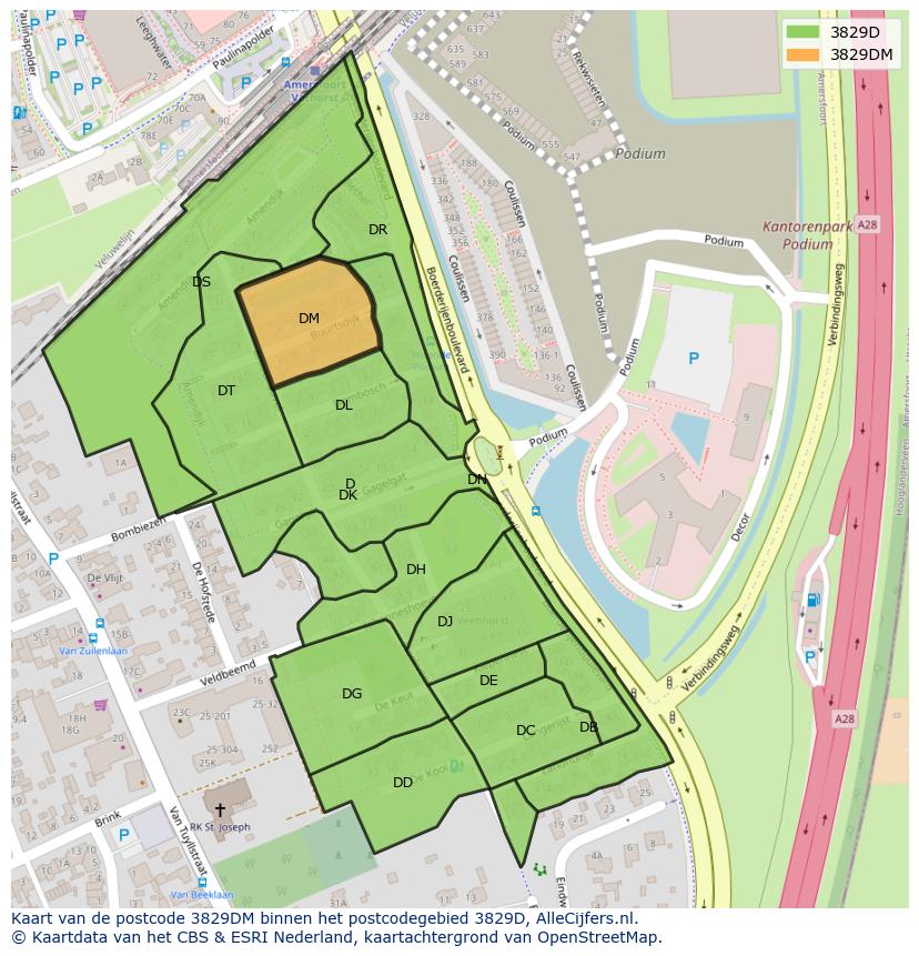 Afbeelding van het postcodegebied 3829 DM op de kaart.