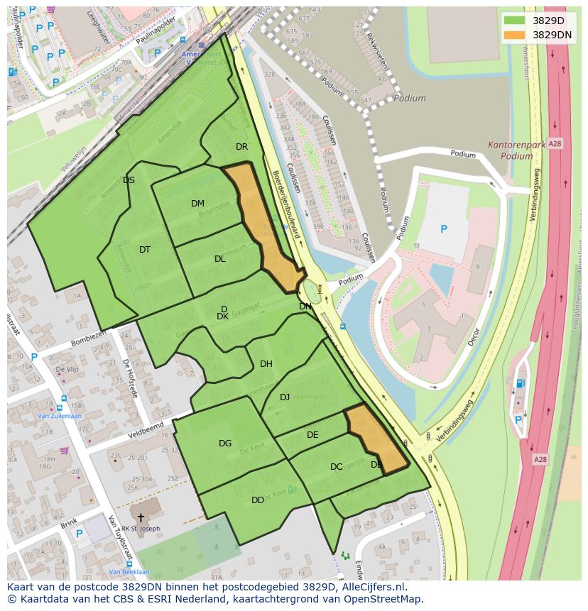 Afbeelding van het postcodegebied 3829 DN op de kaart.