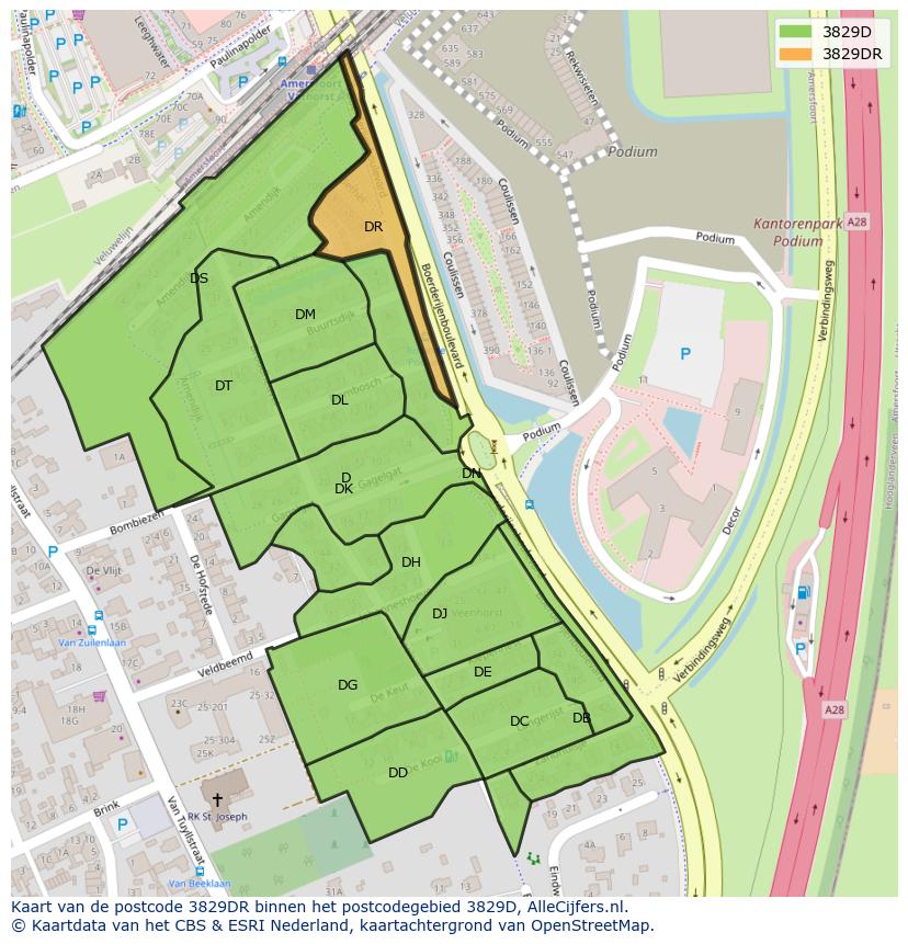 Afbeelding van het postcodegebied 3829 DR op de kaart.