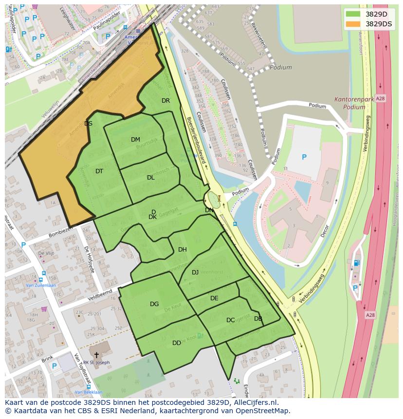 Afbeelding van het postcodegebied 3829 DS op de kaart.
