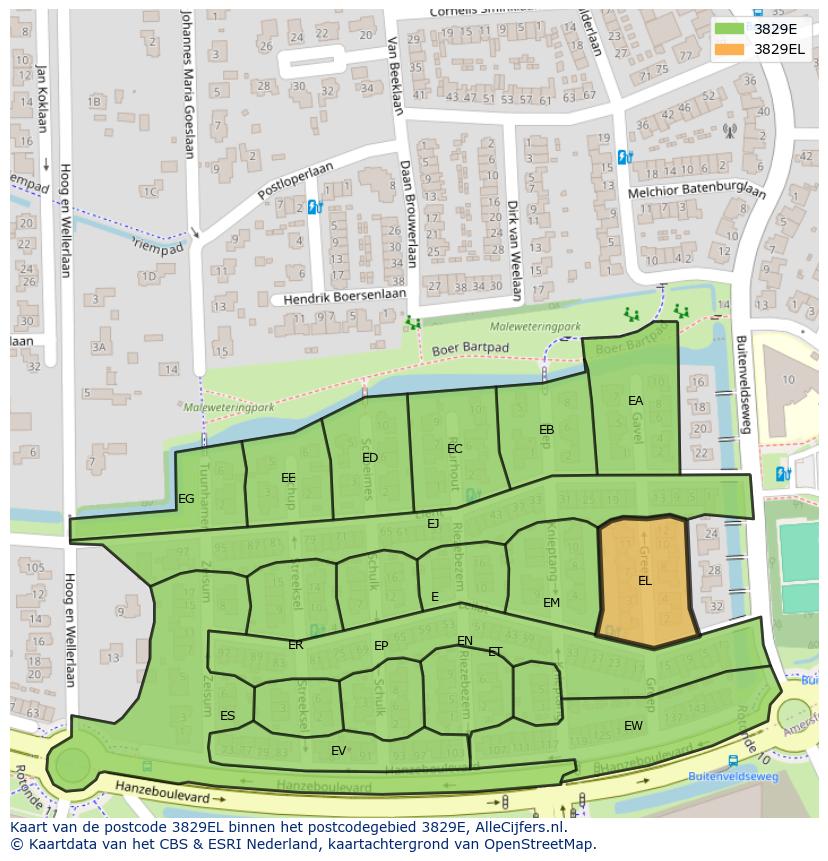 Afbeelding van het postcodegebied 3829 EL op de kaart.