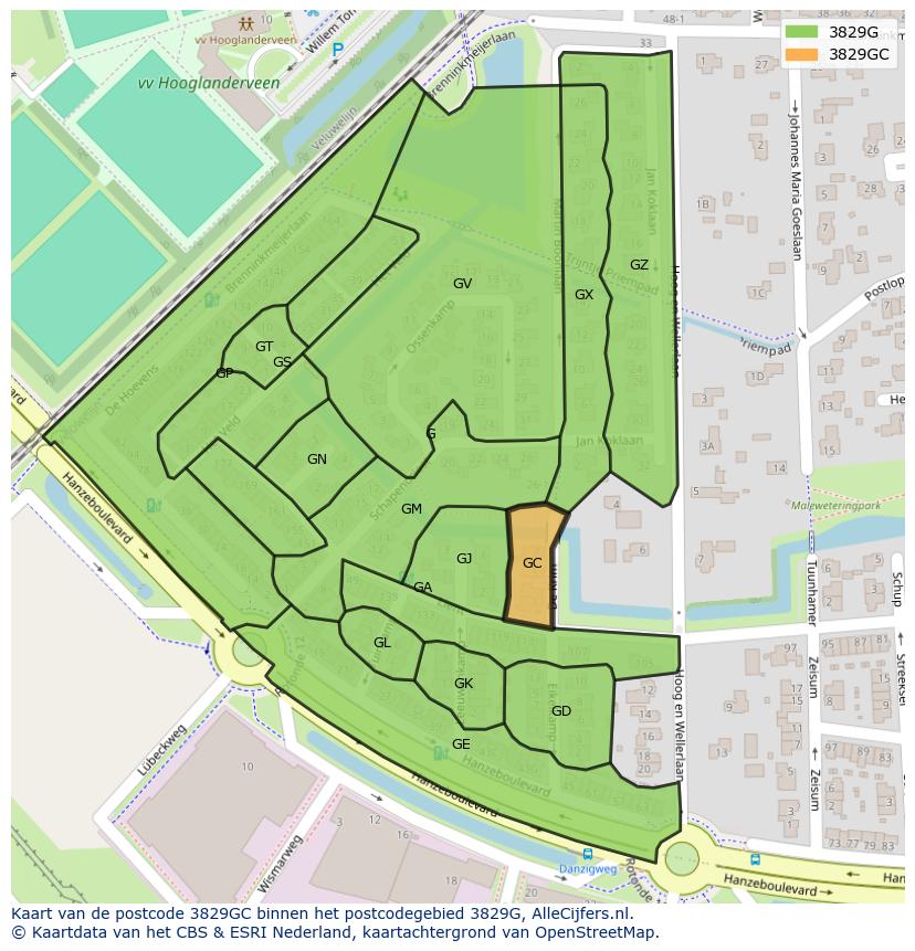 Afbeelding van het postcodegebied 3829 GC op de kaart.
