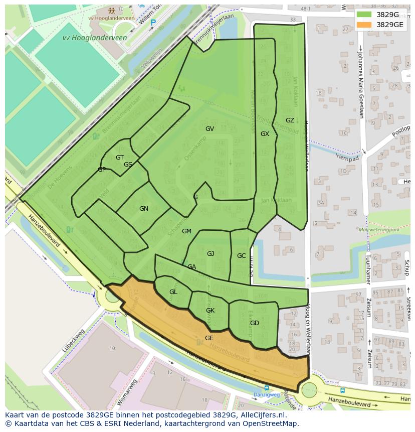 Afbeelding van het postcodegebied 3829 GE op de kaart.