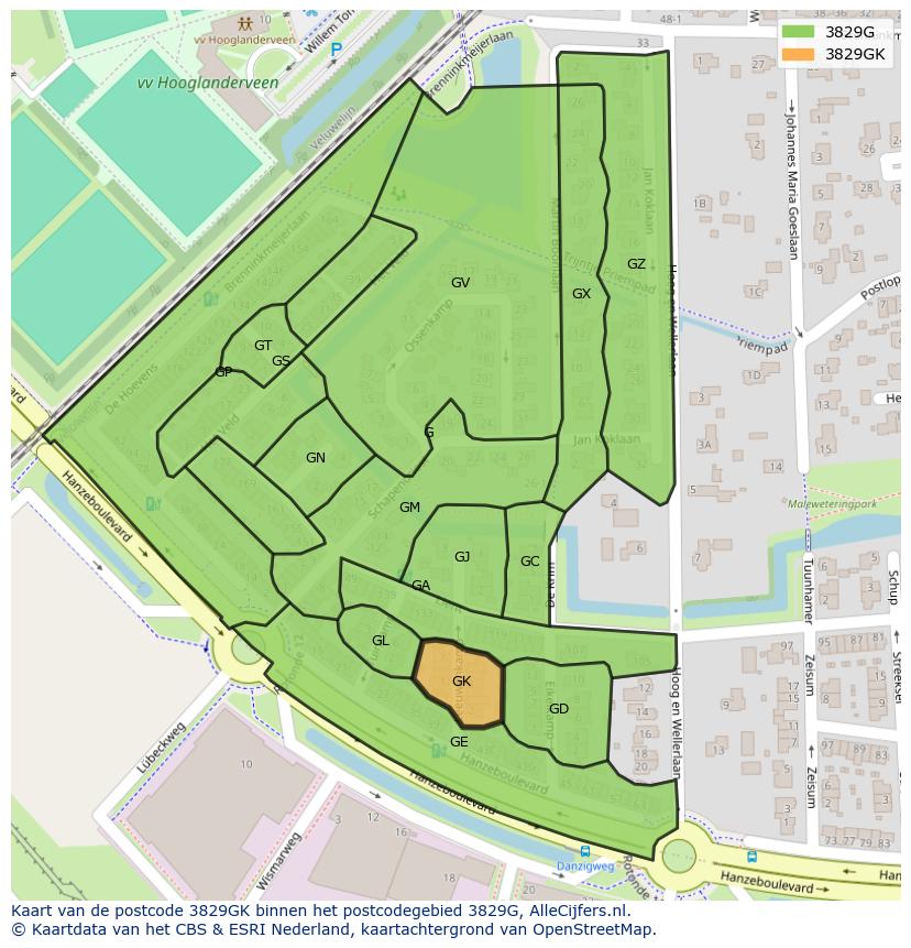 Afbeelding van het postcodegebied 3829 GK op de kaart.