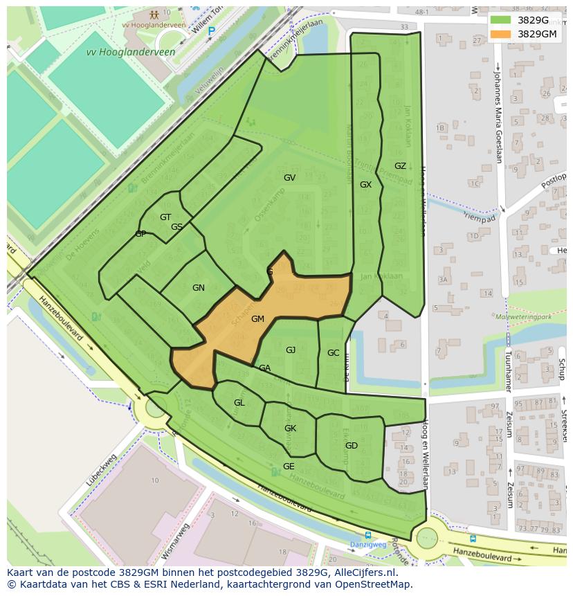 Afbeelding van het postcodegebied 3829 GM op de kaart.