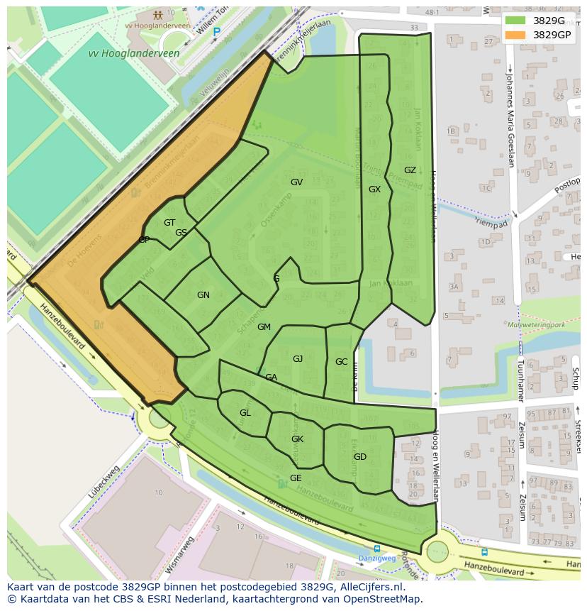 Afbeelding van het postcodegebied 3829 GP op de kaart.