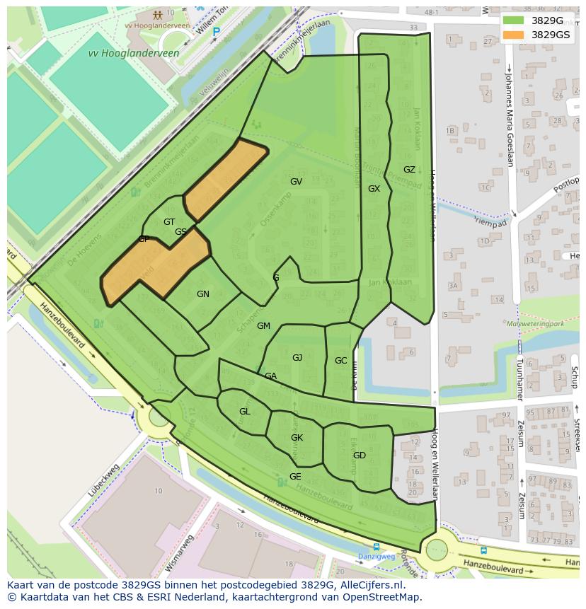 Afbeelding van het postcodegebied 3829 GS op de kaart.