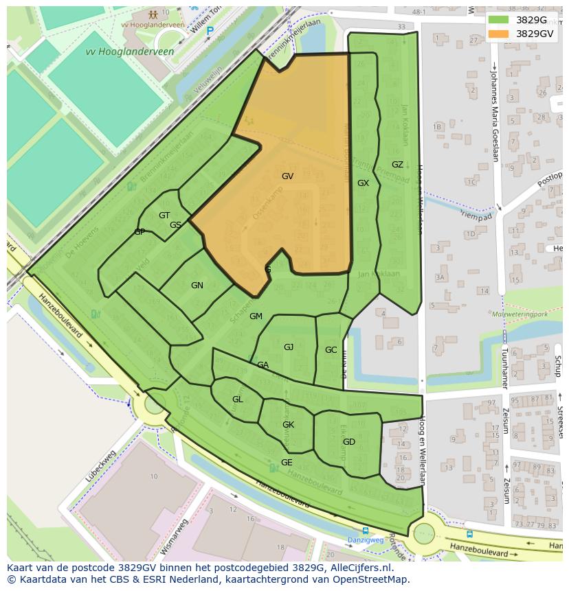 Afbeelding van het postcodegebied 3829 GV op de kaart.