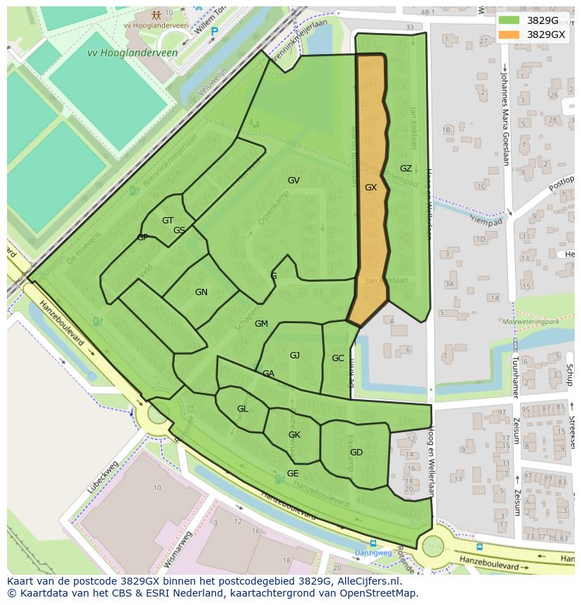 Afbeelding van het postcodegebied 3829 GX op de kaart.