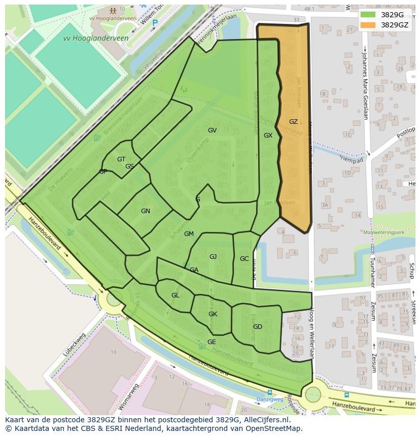 Afbeelding van het postcodegebied 3829 GZ op de kaart.