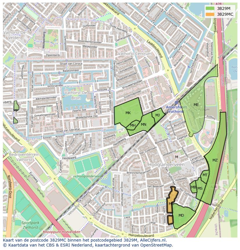 Afbeelding van het postcodegebied 3829 MC op de kaart.