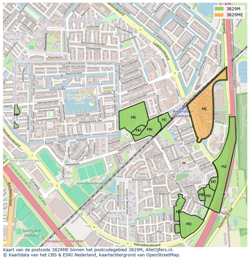Afbeelding van het postcodegebied 3829 ME op de kaart.