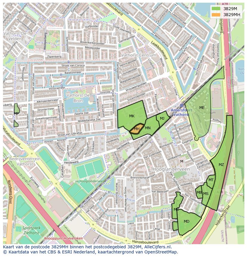 Afbeelding van het postcodegebied 3829 MH op de kaart.