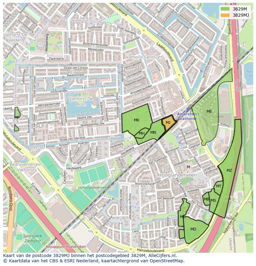 Afbeelding van het postcodegebied 3829 MJ op de kaart.