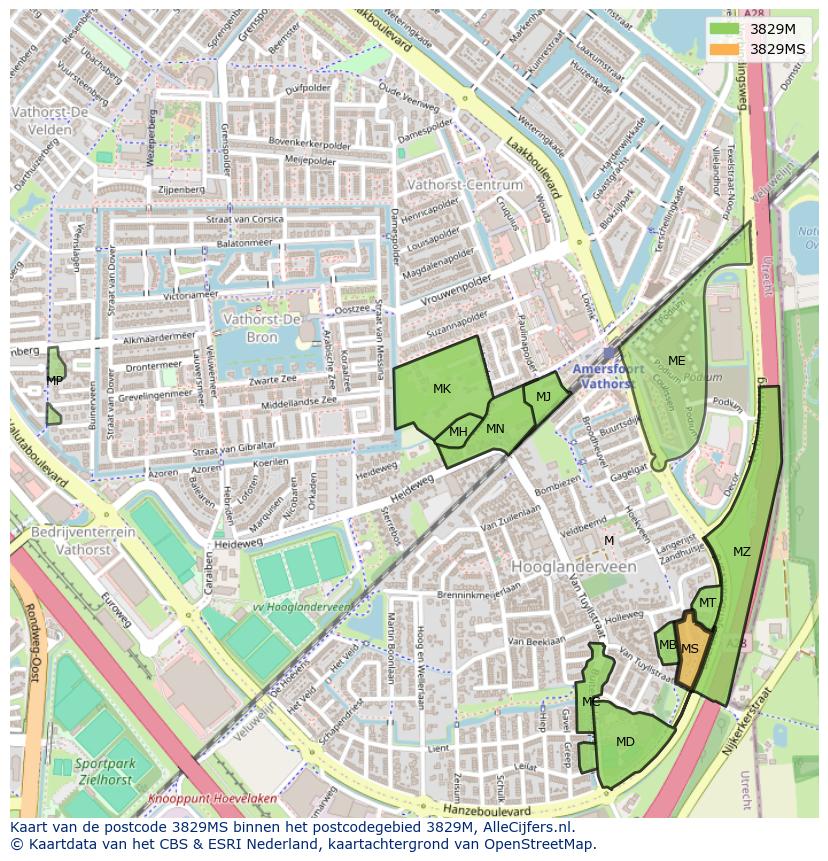 Afbeelding van het postcodegebied 3829 MS op de kaart.