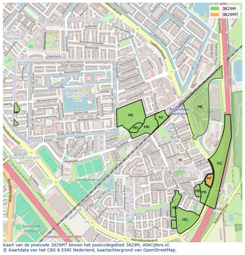 Afbeelding van het postcodegebied 3829 MT op de kaart.