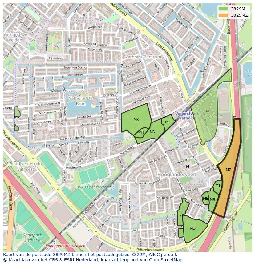 Afbeelding van het postcodegebied 3829 MZ op de kaart.