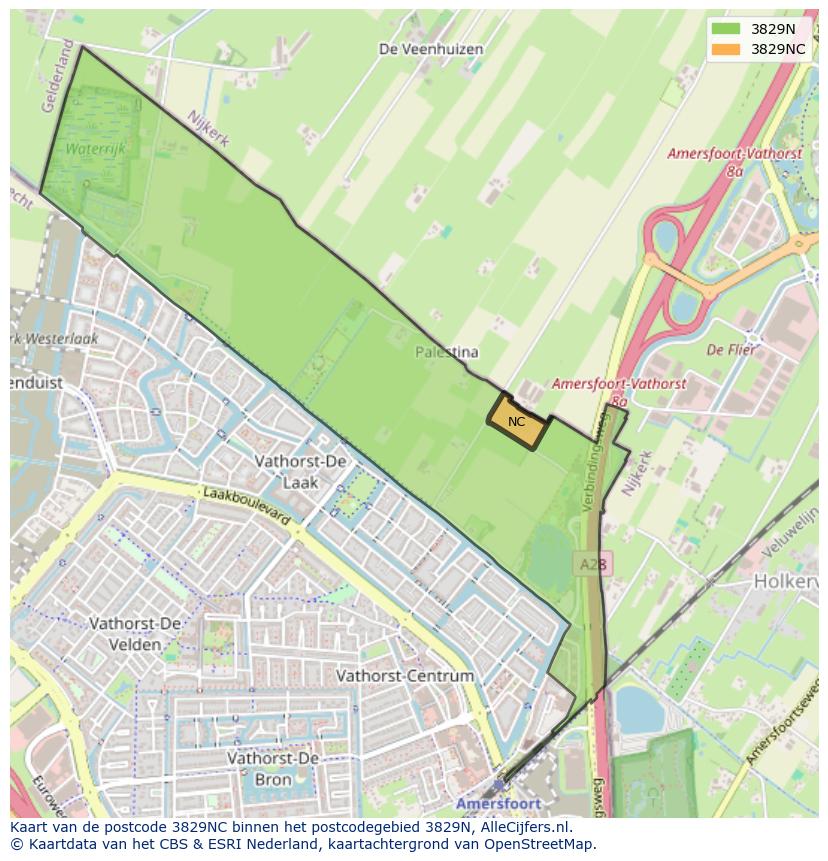 Afbeelding van het postcodegebied 3829 NC op de kaart.