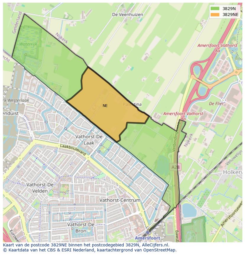 Afbeelding van het postcodegebied 3829 NE op de kaart.