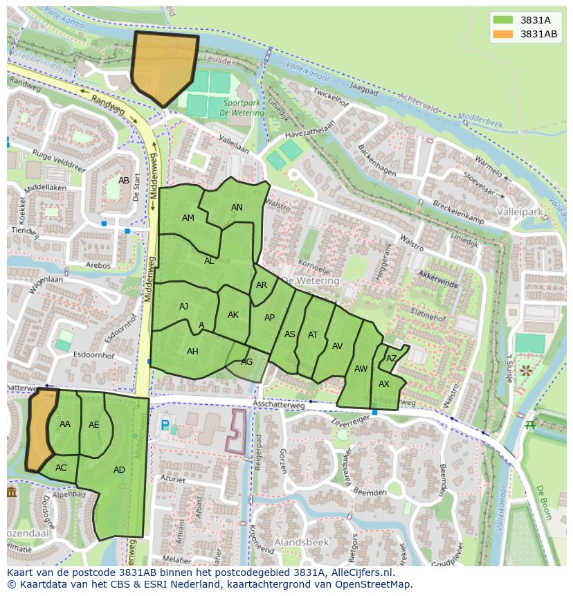 Afbeelding van het postcodegebied 3831 AB op de kaart.