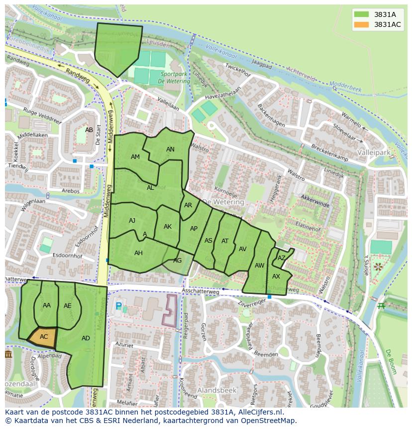Afbeelding van het postcodegebied 3831 AC op de kaart.