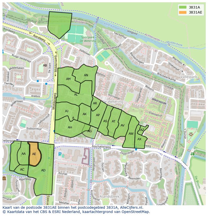 Afbeelding van het postcodegebied 3831 AE op de kaart.