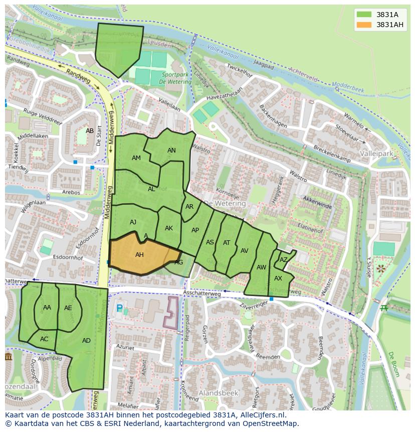 Afbeelding van het postcodegebied 3831 AH op de kaart.