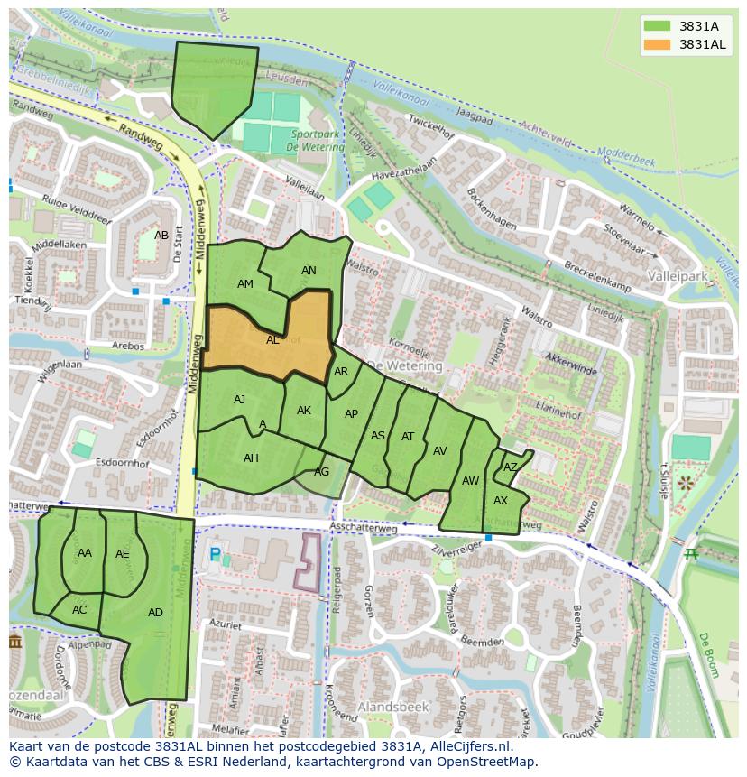 Afbeelding van het postcodegebied 3831 AL op de kaart.