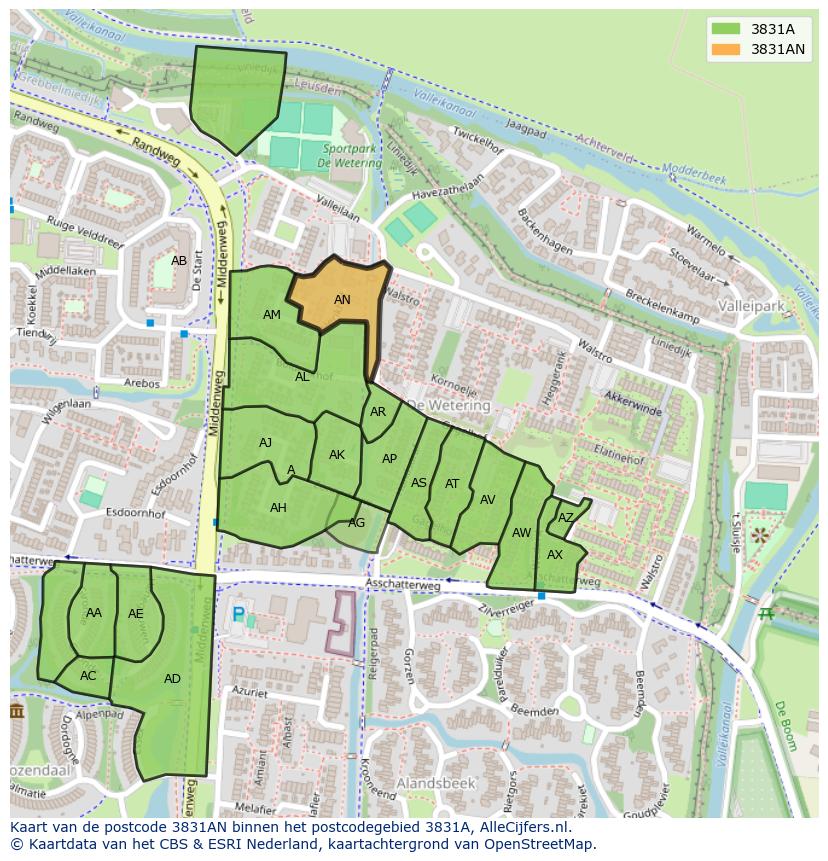 Afbeelding van het postcodegebied 3831 AN op de kaart.