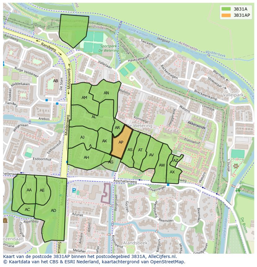 Afbeelding van het postcodegebied 3831 AP op de kaart.
