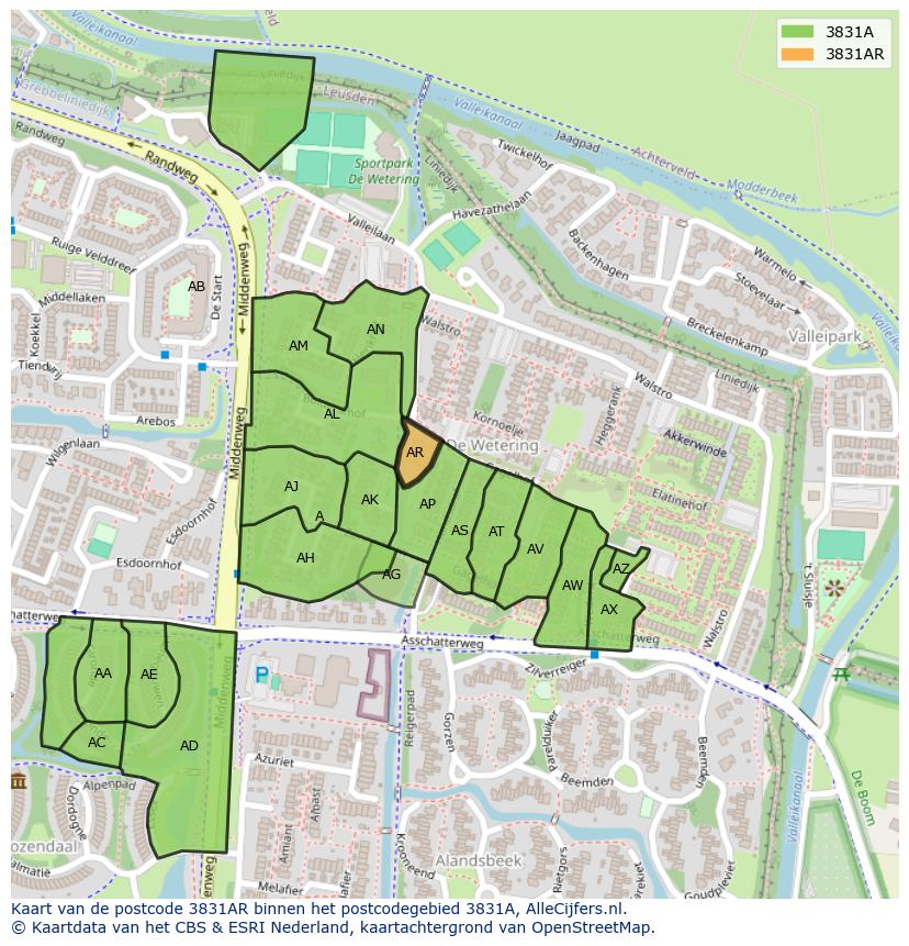 Afbeelding van het postcodegebied 3831 AR op de kaart.