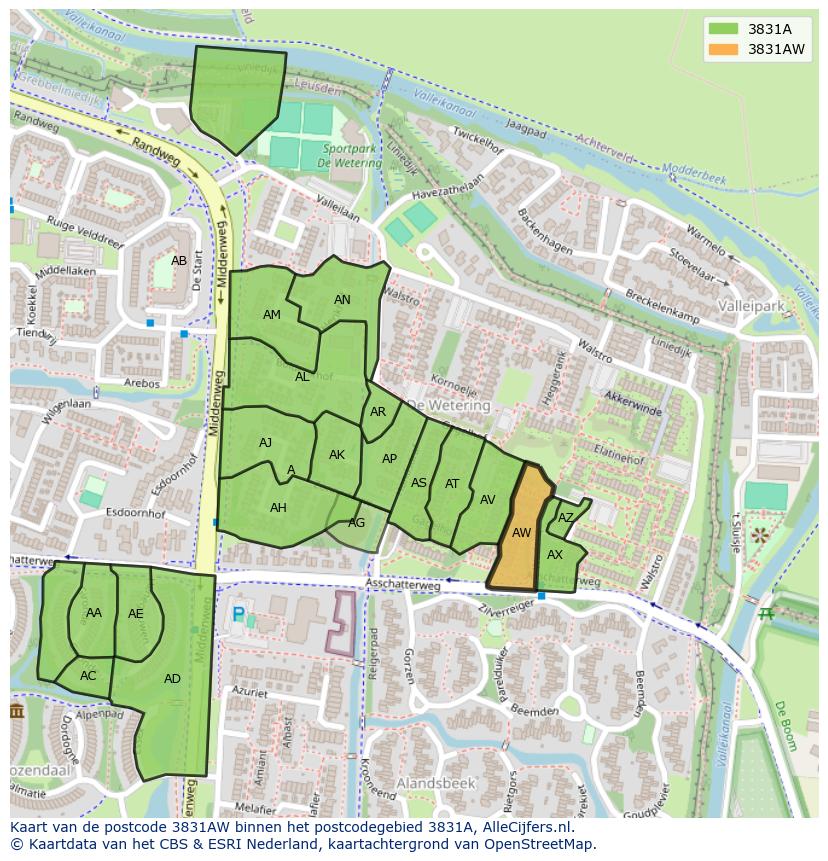 Afbeelding van het postcodegebied 3831 AW op de kaart.
