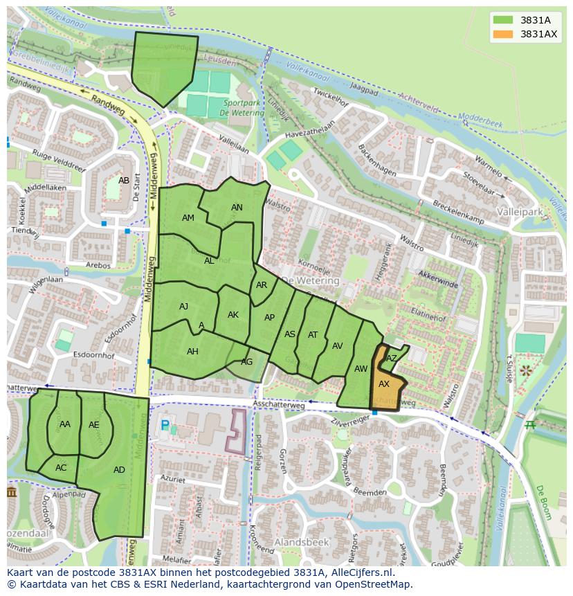 Afbeelding van het postcodegebied 3831 AX op de kaart.
