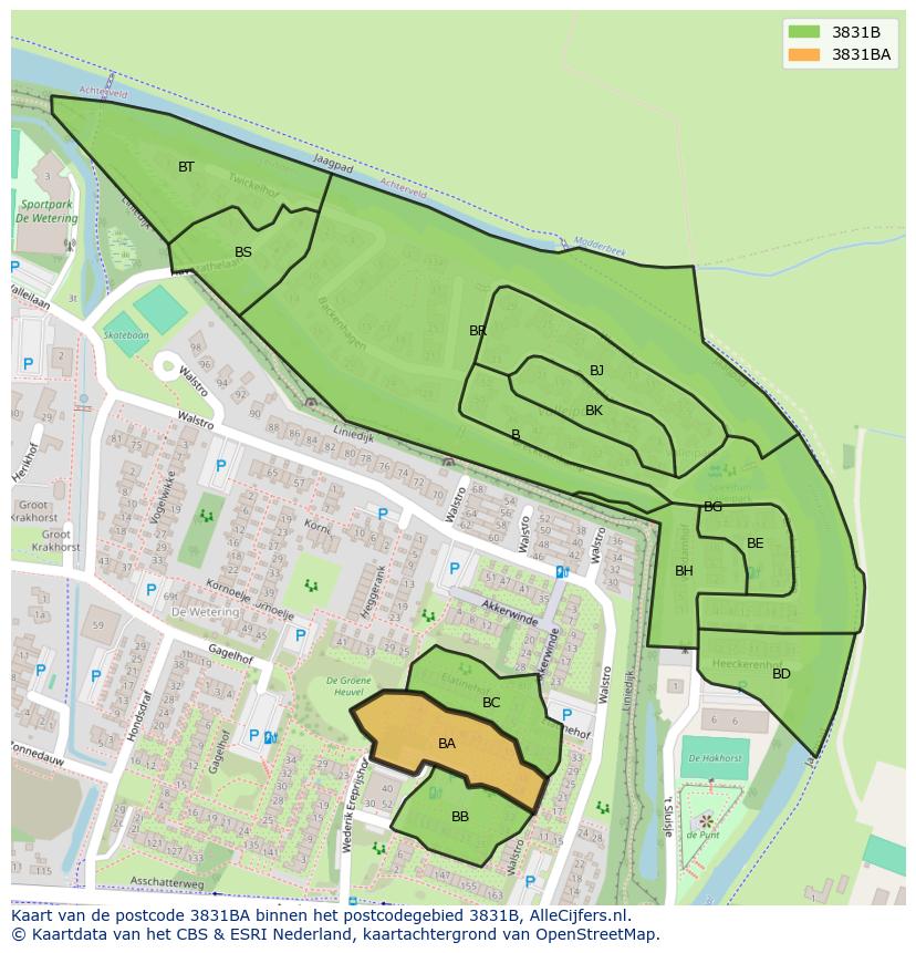 Afbeelding van het postcodegebied 3831 BA op de kaart.