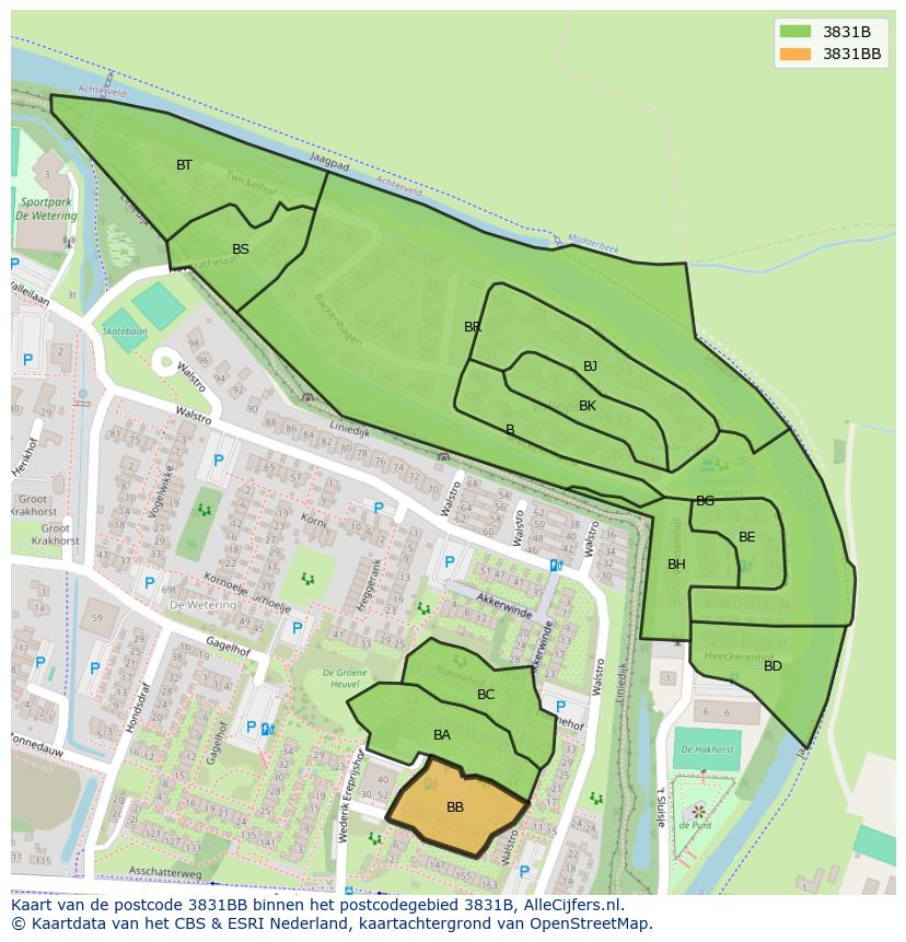 Afbeelding van het postcodegebied 3831 BB op de kaart.