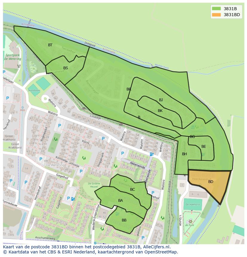 Afbeelding van het postcodegebied 3831 BD op de kaart.