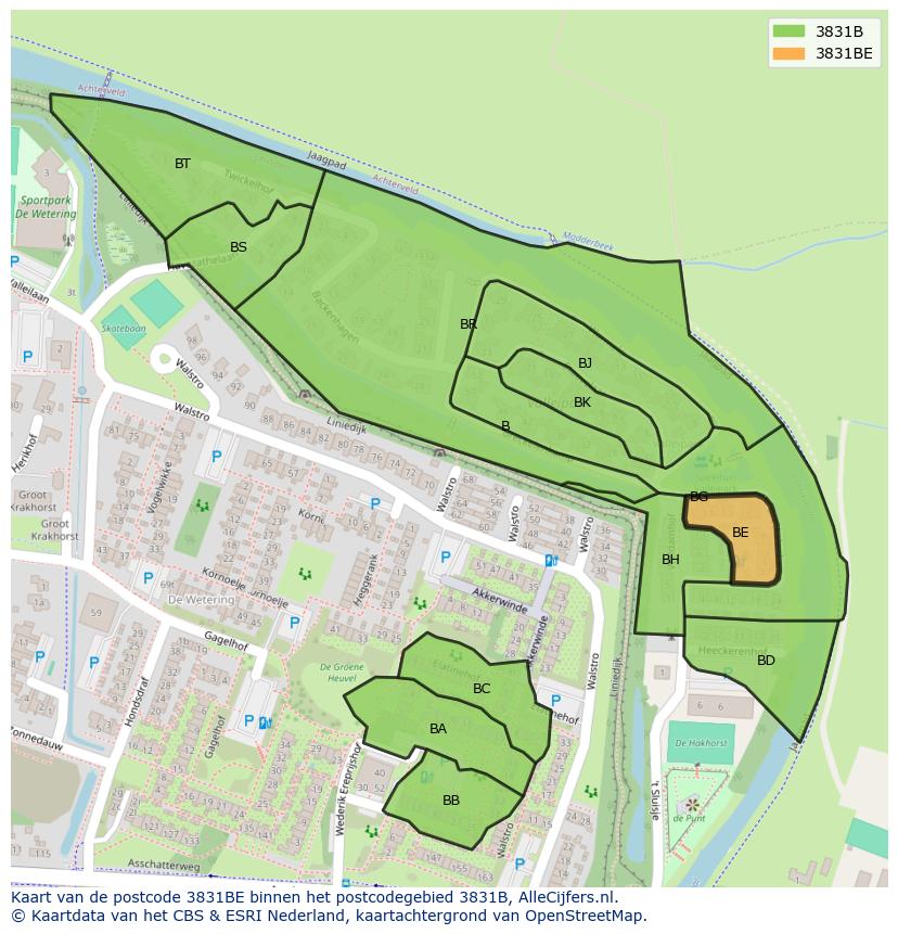 Afbeelding van het postcodegebied 3831 BE op de kaart.
