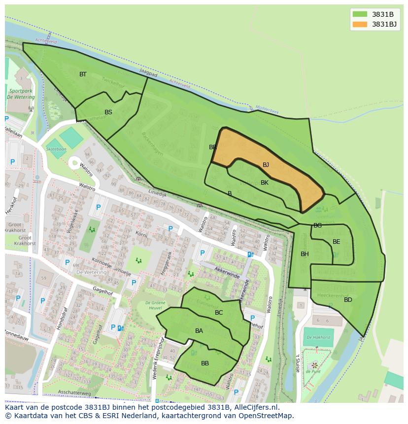 Afbeelding van het postcodegebied 3831 BJ op de kaart.
