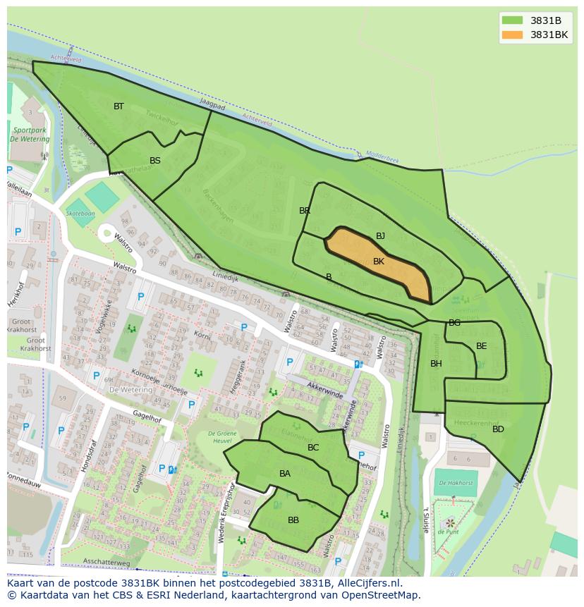 Afbeelding van het postcodegebied 3831 BK op de kaart.