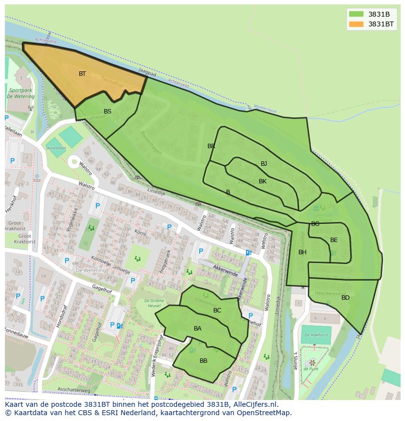 Afbeelding van het postcodegebied 3831 BT op de kaart.