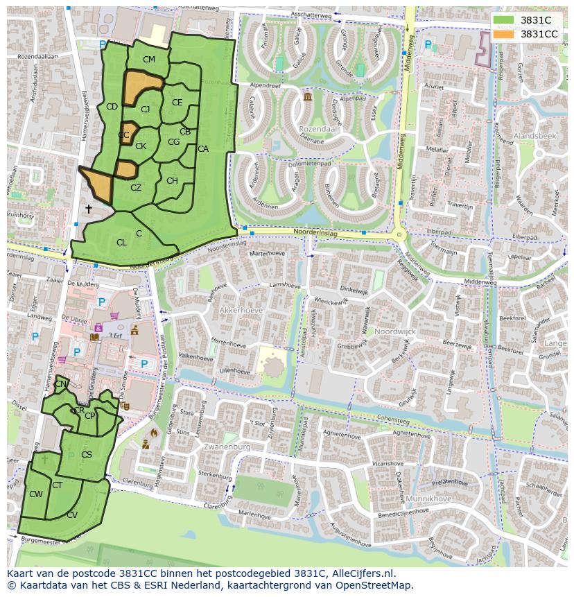 Afbeelding van het postcodegebied 3831 CC op de kaart.