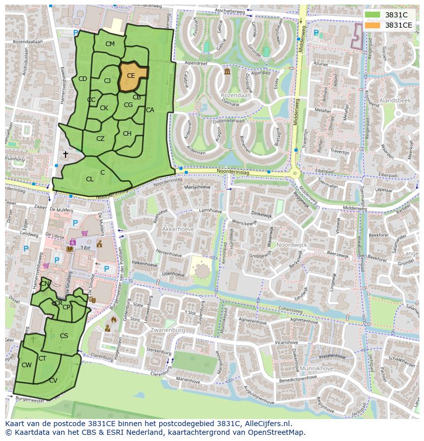 Afbeelding van het postcodegebied 3831 CE op de kaart.